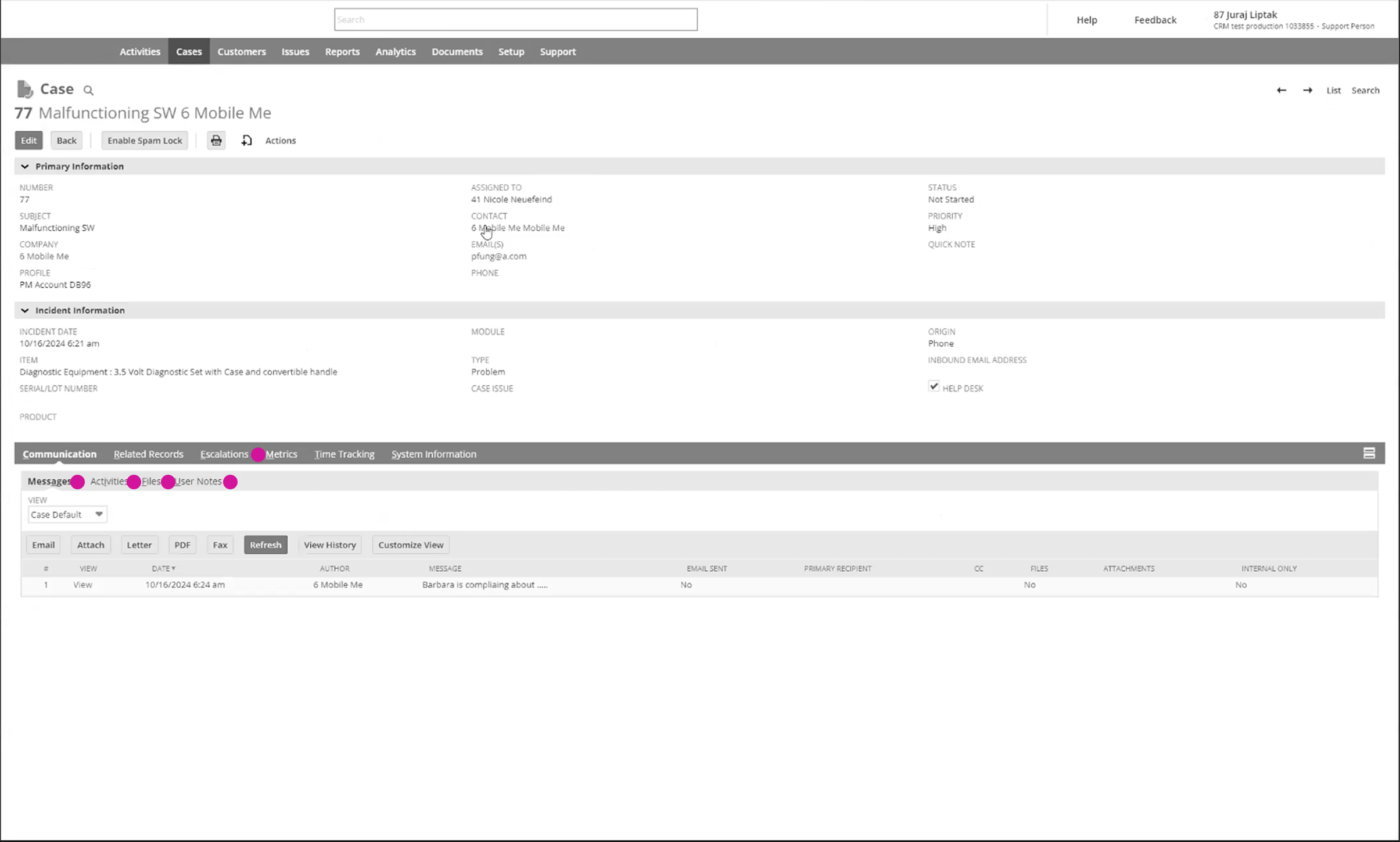 Legacy case interface with information distributed across multiple tabs and sub-tabs.