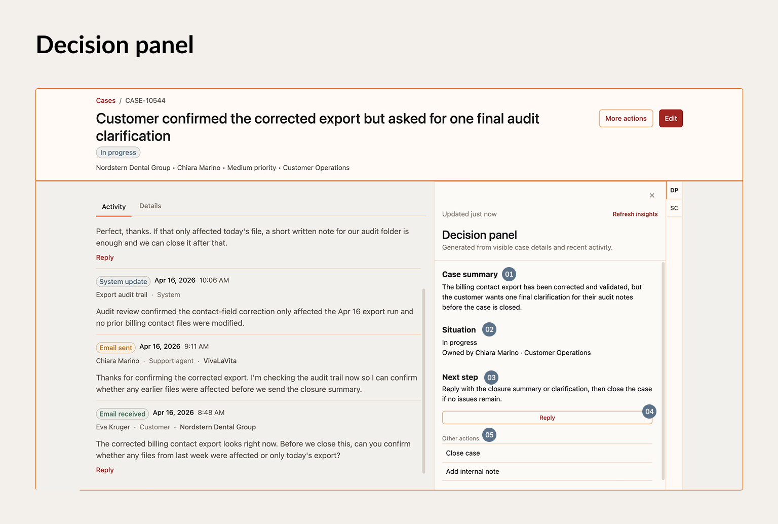 Decision panel showing case summary, situation, next step, and available actions.