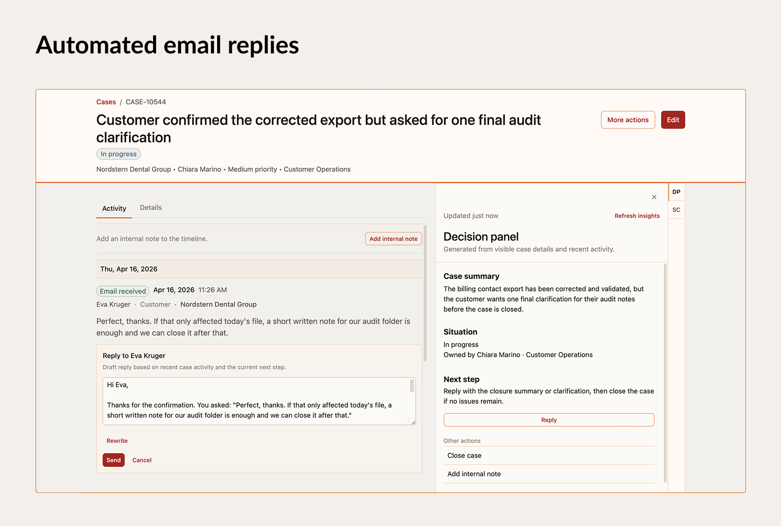 AI-assisted email draft grounded in case context and presented for user review.