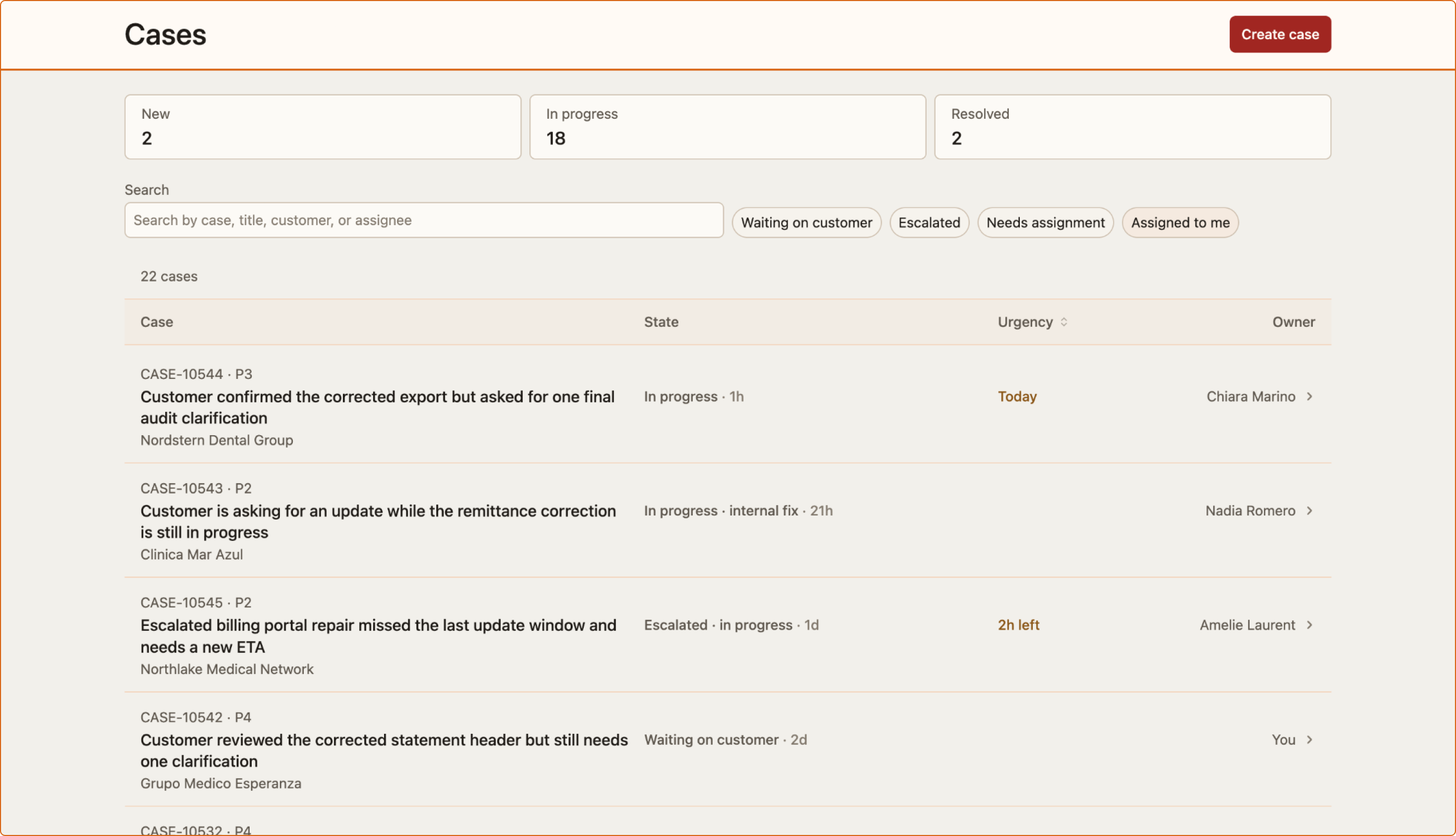 Case management prototype showing the list of active cases.