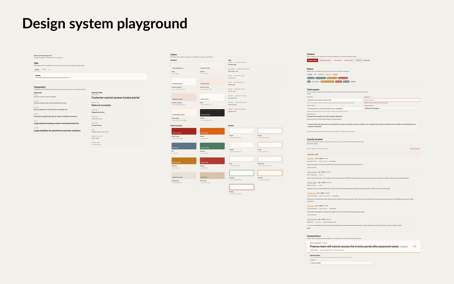 Design system playground showing tokens, typography, components, fields, and application patterns.