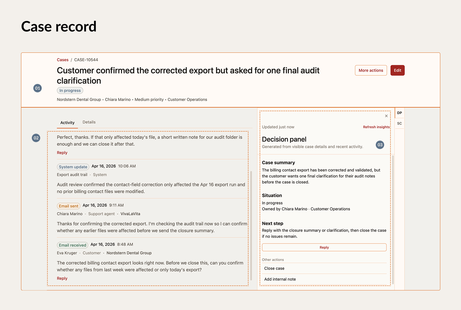 Case record combining a header, activity timeline, and decision panel.